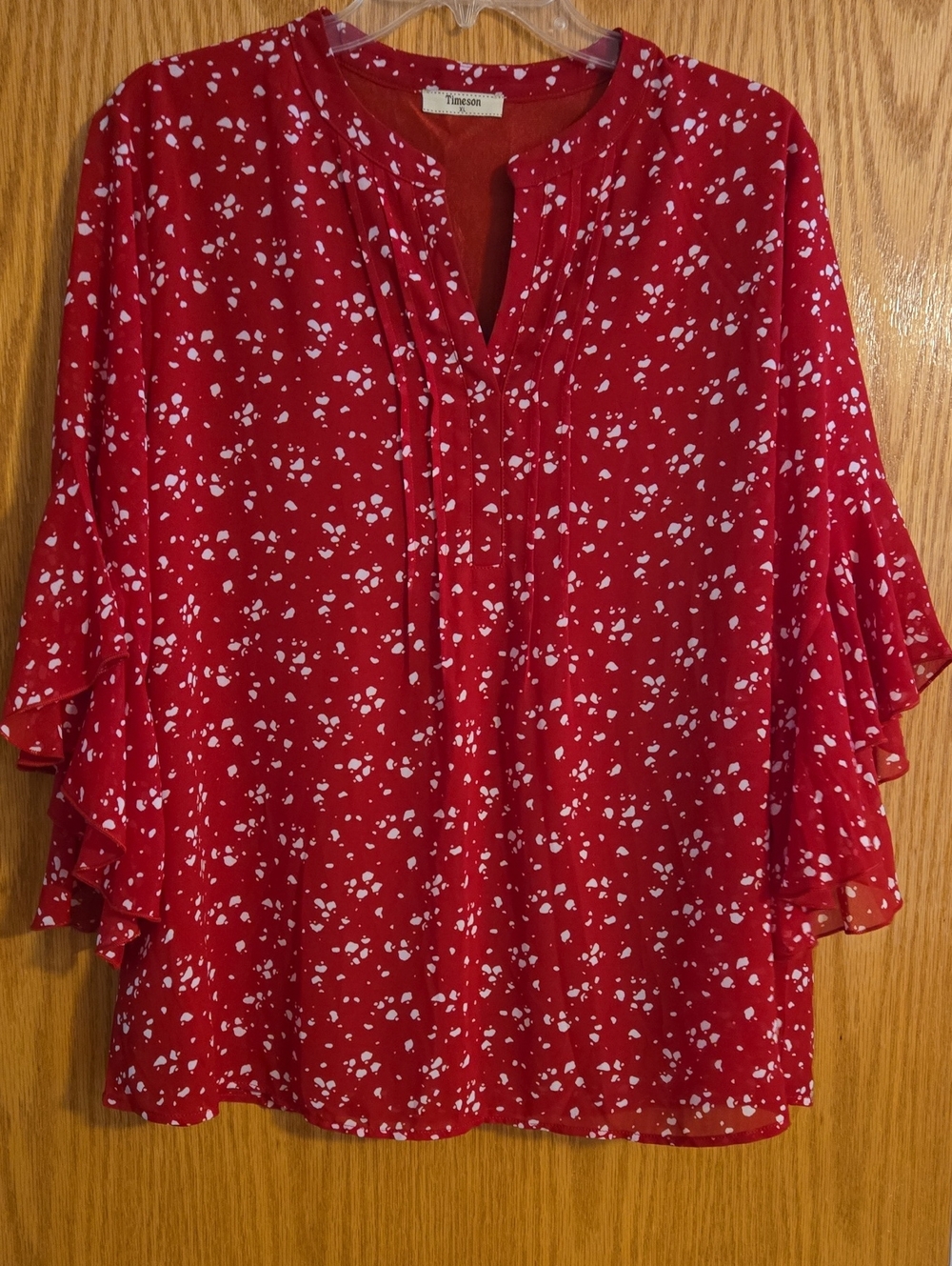 Timeson Red and White Printed Ruffle Sleeve Blouse